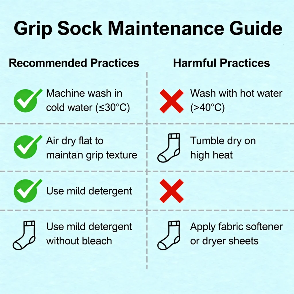 Visual care guide showing do's and don'ts for grip sock