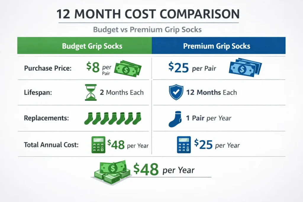 Cost comparison infographic showing budget vs premium grip socks over 12 months.
