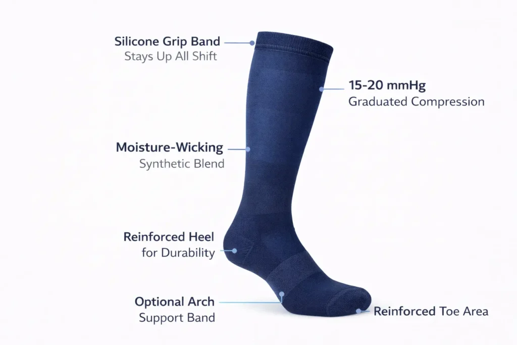 Navy blue nursing compression sock details