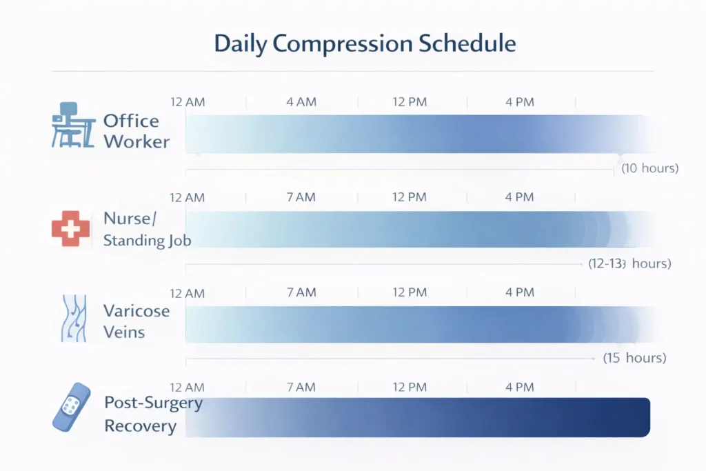 A visual day schedule showing compression wearing times for four different use cases